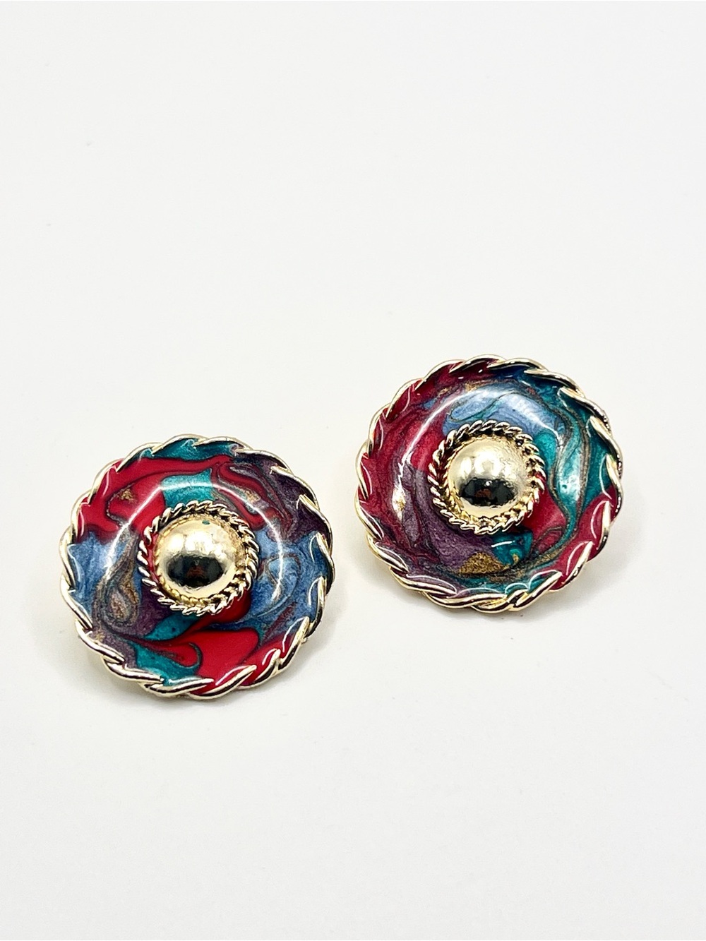 Multi-Color Swirl Enamel Round Button Earrings with Gold Accents